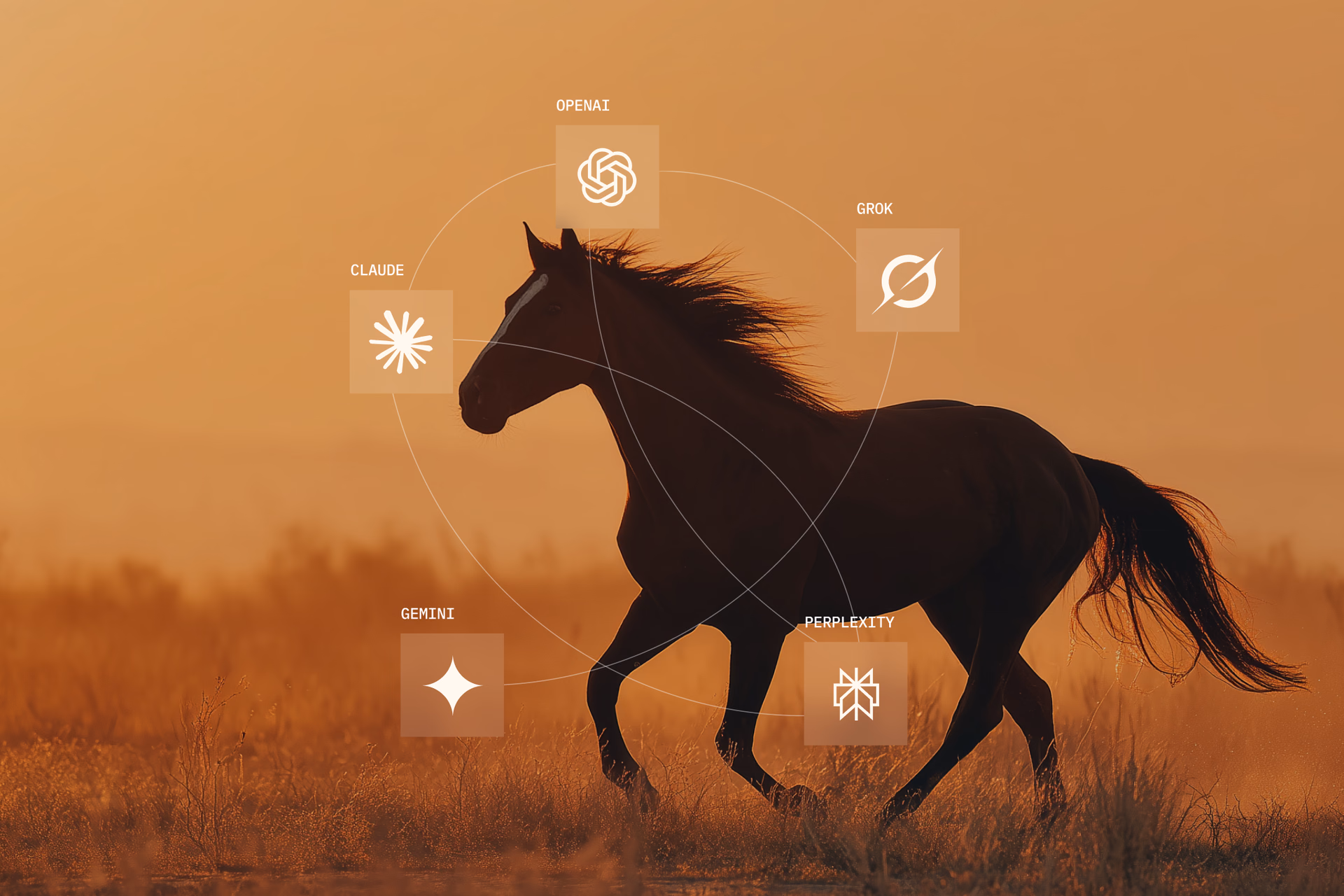 A dark horse gallops through golden grass at dusk, circled by the OpenAI, Grok, Claude, Gemini and Perplexity marks.