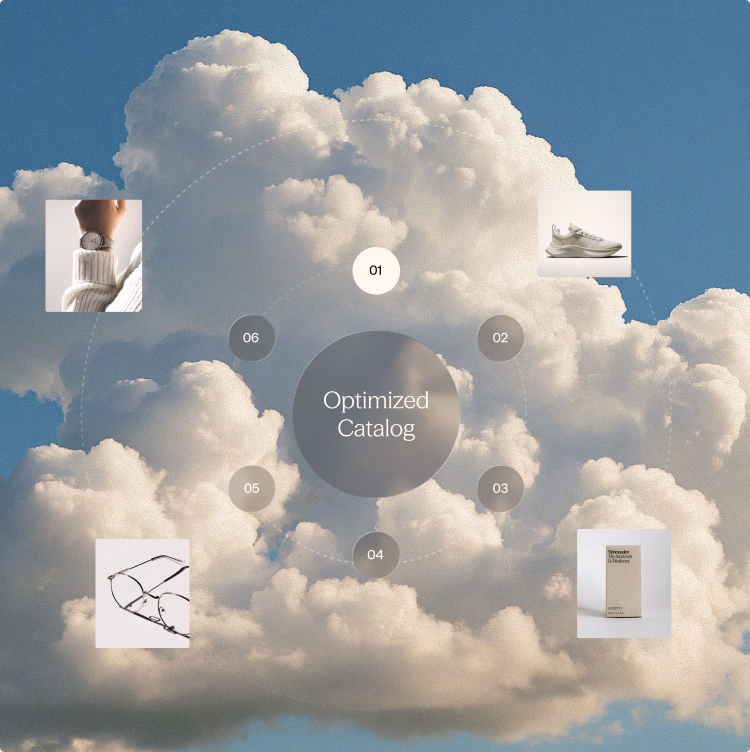 A cycle drawn over a sky of white clouds: six numbered steps ring the words “Optimized Catalog”, with a watch, a running shoe, a pair of glasses and a boxed product on the orbit around them.