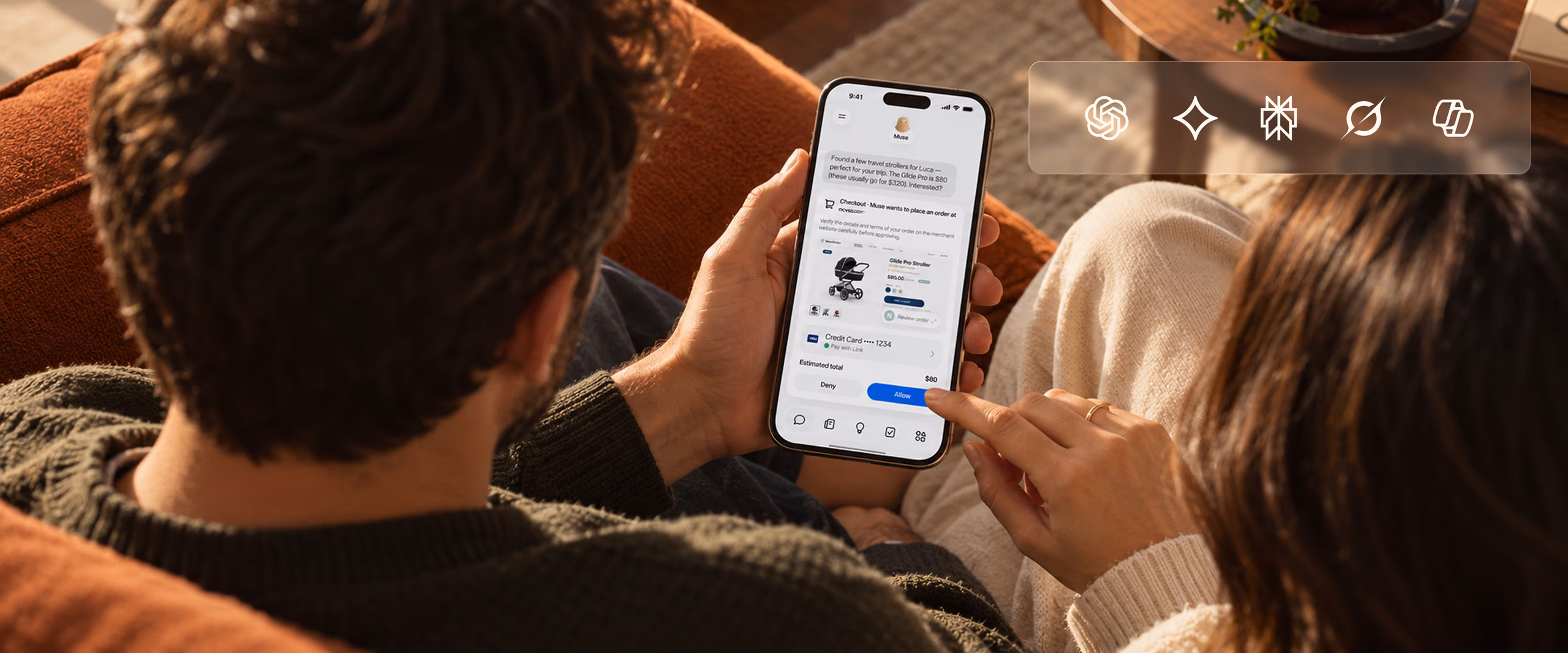 Two parents, seen from behind, reviewing a stroller purchase through Muse on a phone, with AI platform logos above them.