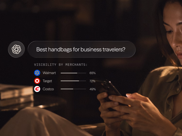 A woman in a dim lounge looking at her phone, beside a ChatGPT prompt — “Best handbags for business travelers?” — and its visibility by merchant: Walmart 65%, Target 72%, Costco 49%.
