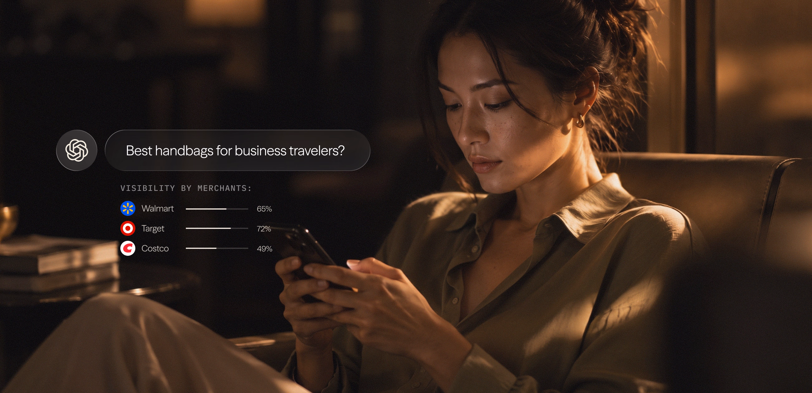 A woman in a dim lounge looking at her phone, beside a ChatGPT prompt — “Best handbags for business travelers?” — and its visibility by merchant: Walmart 65%, Target 72%, Costco 49%.