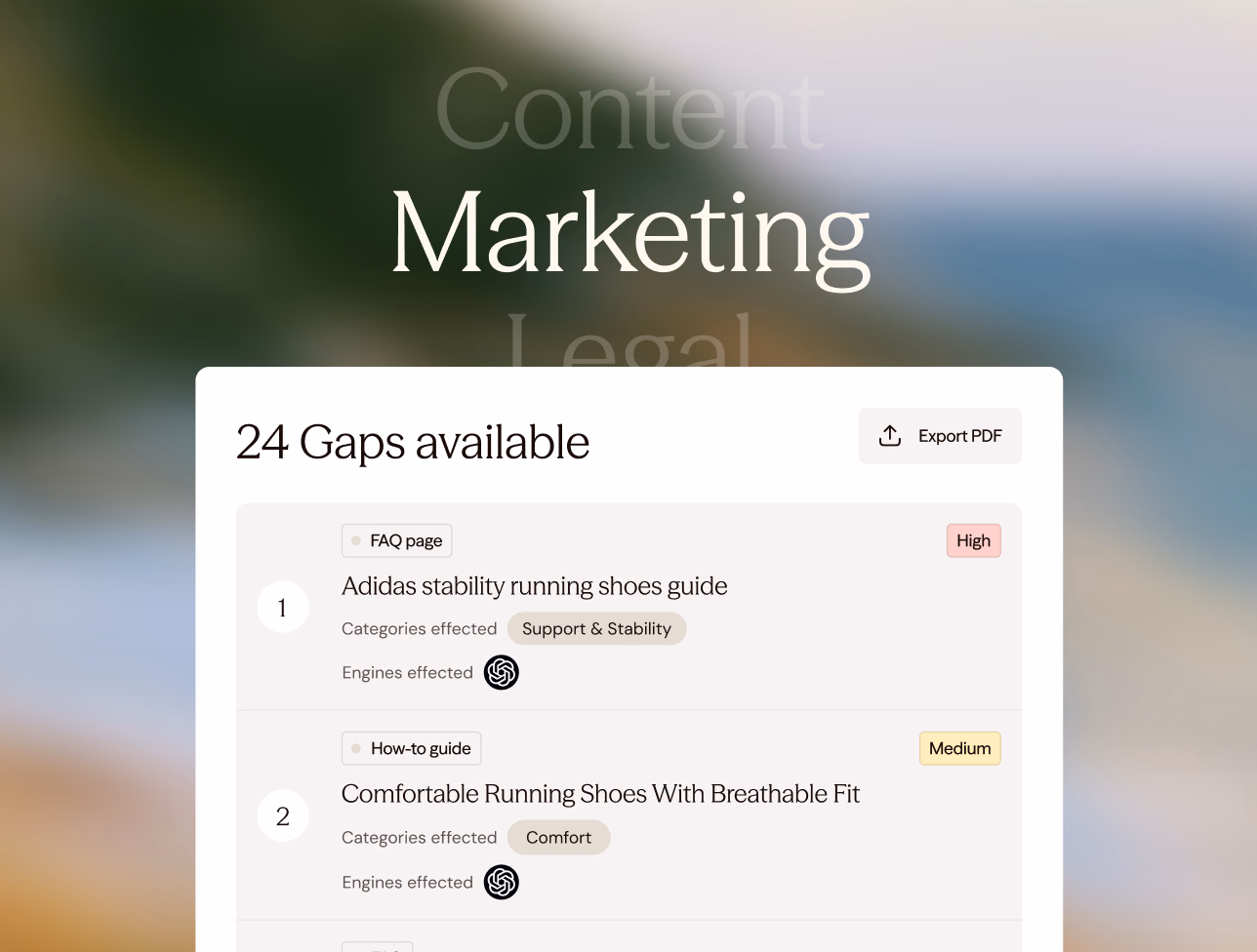 A “24 Gaps available” list under the words Content, Marketing and Legal: an FAQ page on Adidas stability running shoes rated high, and a how-to guide on comfortable breathable running shoes rated medium.