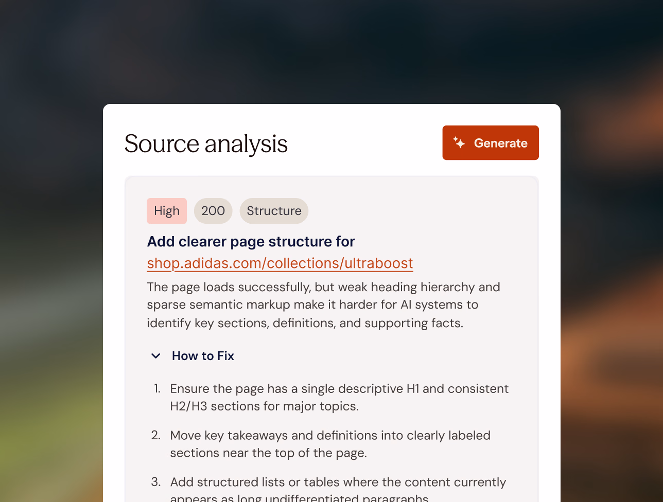 A “Source analysis” card with a Generate button: a high-priority structure fix for shop.adidas.com/collections/ultraboost, explaining the weak heading hierarchy and listing how to fix it.