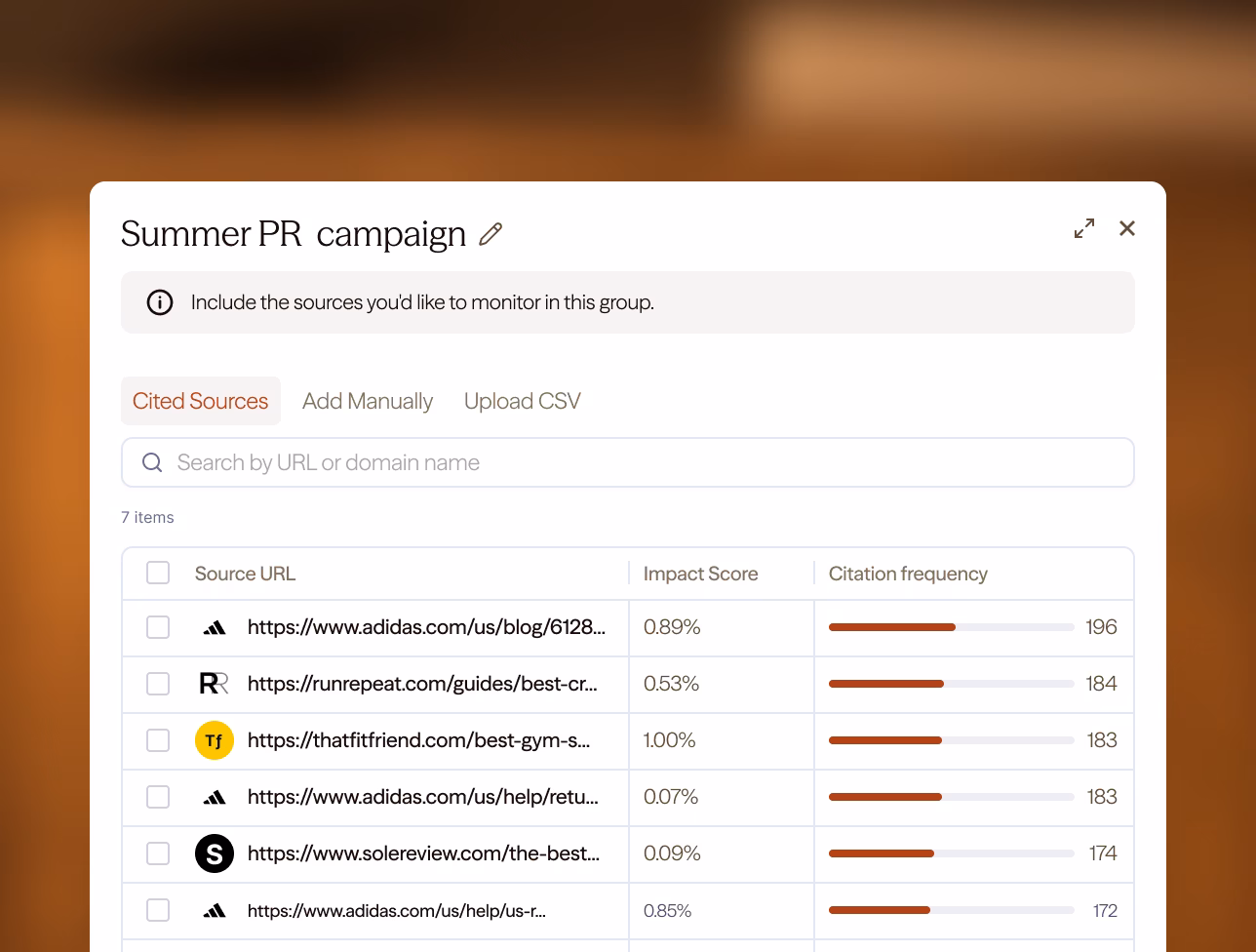 A “Summer PR campaign” list of cited sources — pages on adidas.com, runrepeat.com, thatfitfriend.com and solereview.com — each with its impact score and a bar for its citation frequency.