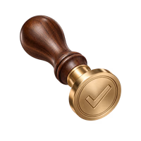 A wooden wax-seal stamp with a brass tick-mark face.