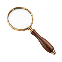 A brass magnifying glass with a wooden handle.