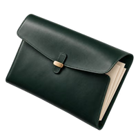 A green leather document wallet with a brass clasp.